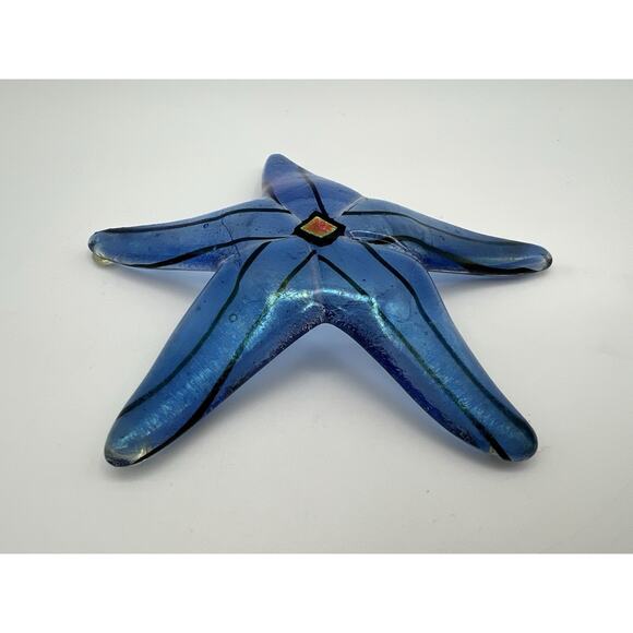 Fused Art Glass Sea Star Fish Figurine 5” Blue Dichroic Artist Signed - Picture 2 of 7